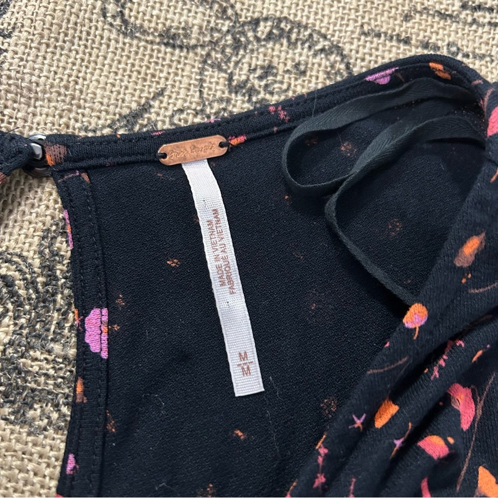 Free People NWOT! Black Pink Floral Puff Sleeve Crew Neck  Midi Stretch Dress - Picture 7 of 16